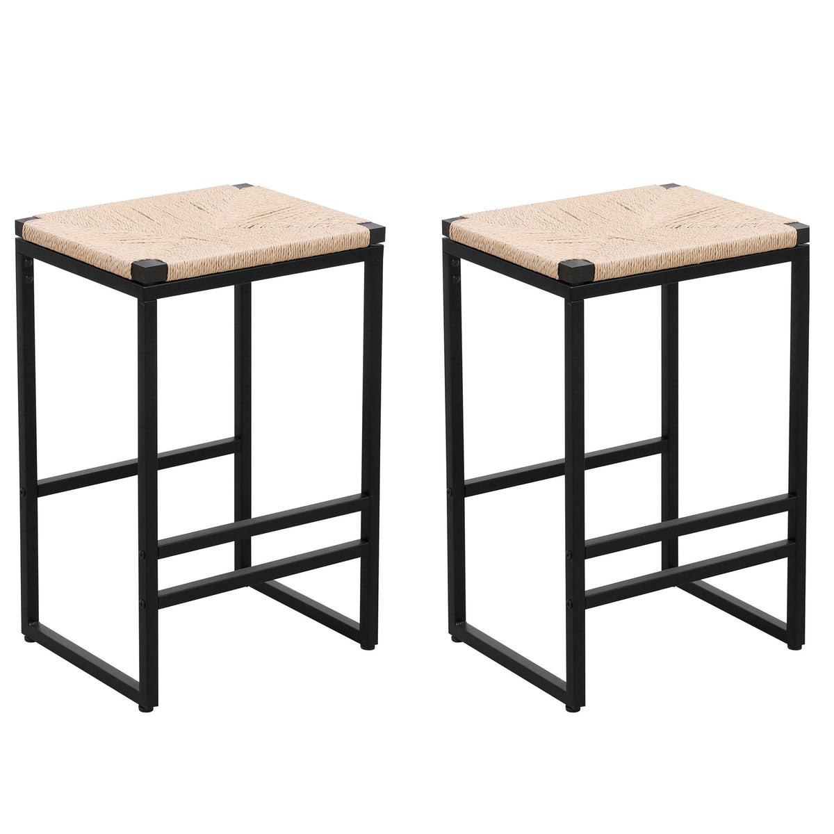 Boho Style Backless Bar Stools (Set of 2) With Paper Rope Woven Seat & Metal Frame For Kitchen Counter