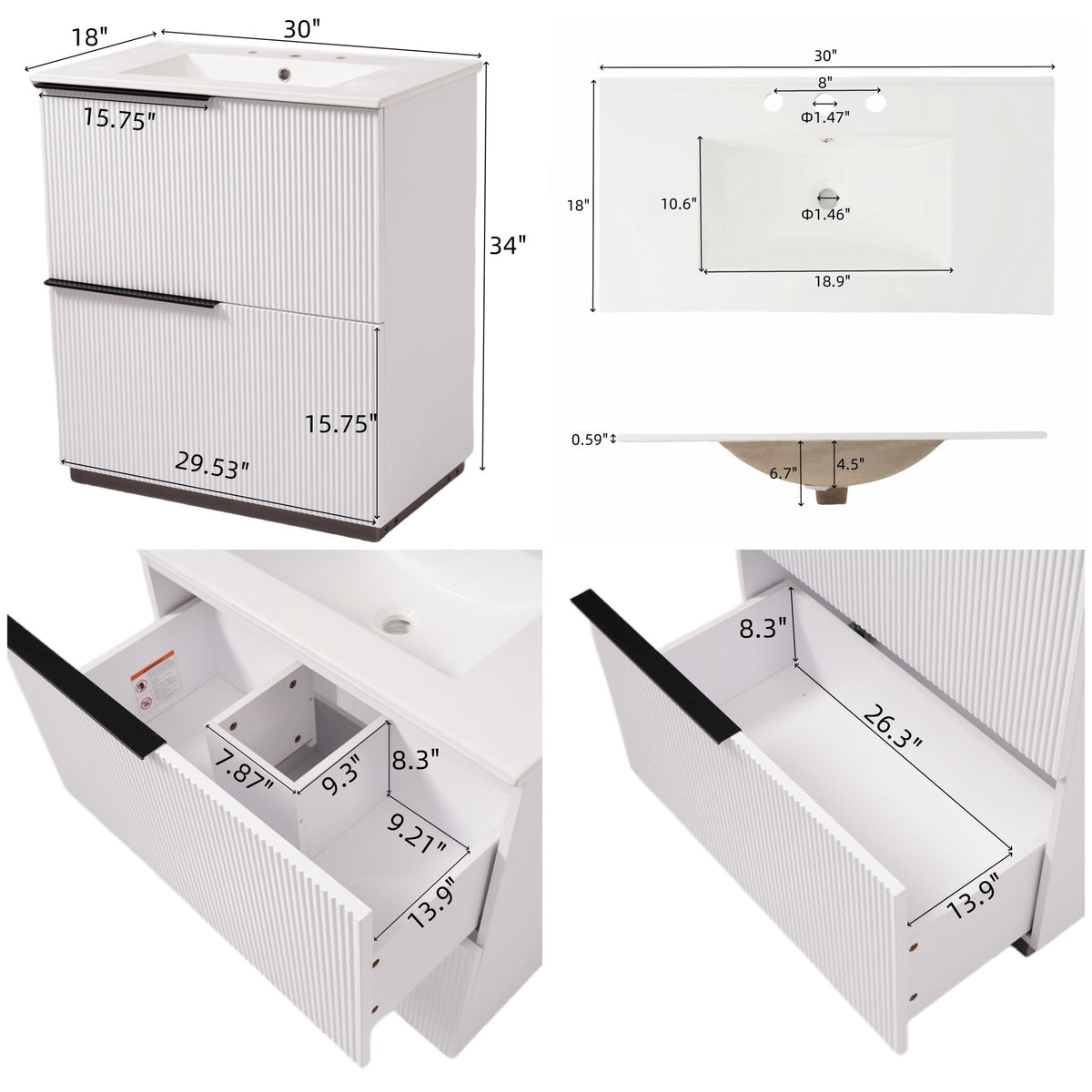 Fluted Bathroom Vanity With Ceramic Sink, Soft Close Slides